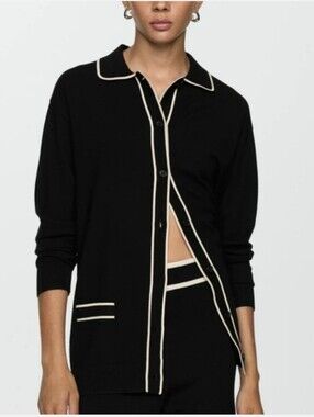 New - MANGO Black & Cream Contrast Trim Collared Cardigan, Size M